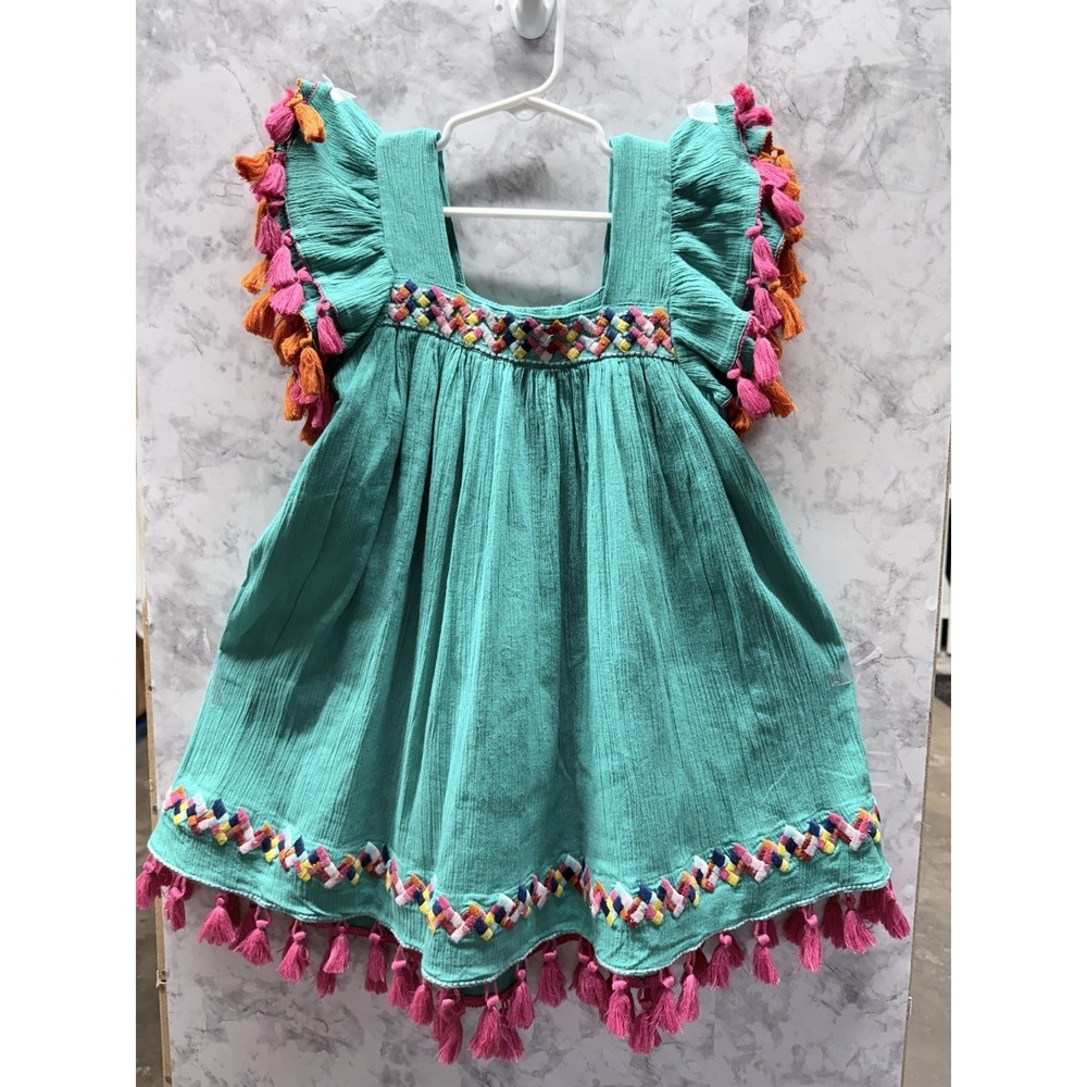 Mer St. Barth Dress Kids Size 6  Turquoise Green With Tassels and  Embroidery